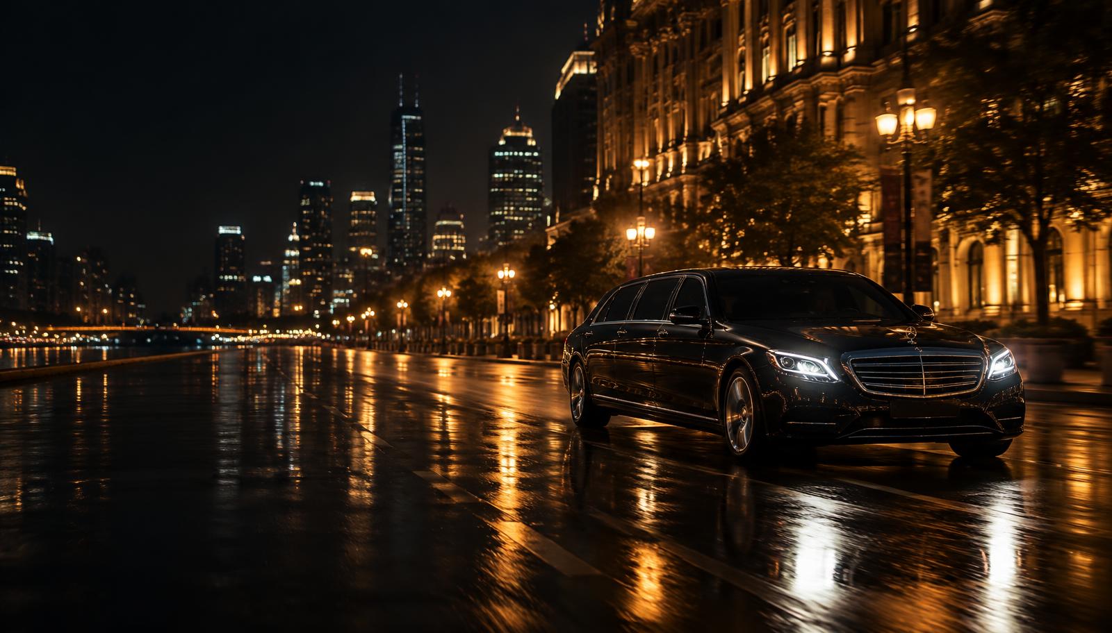 Black limousine on a city street at night